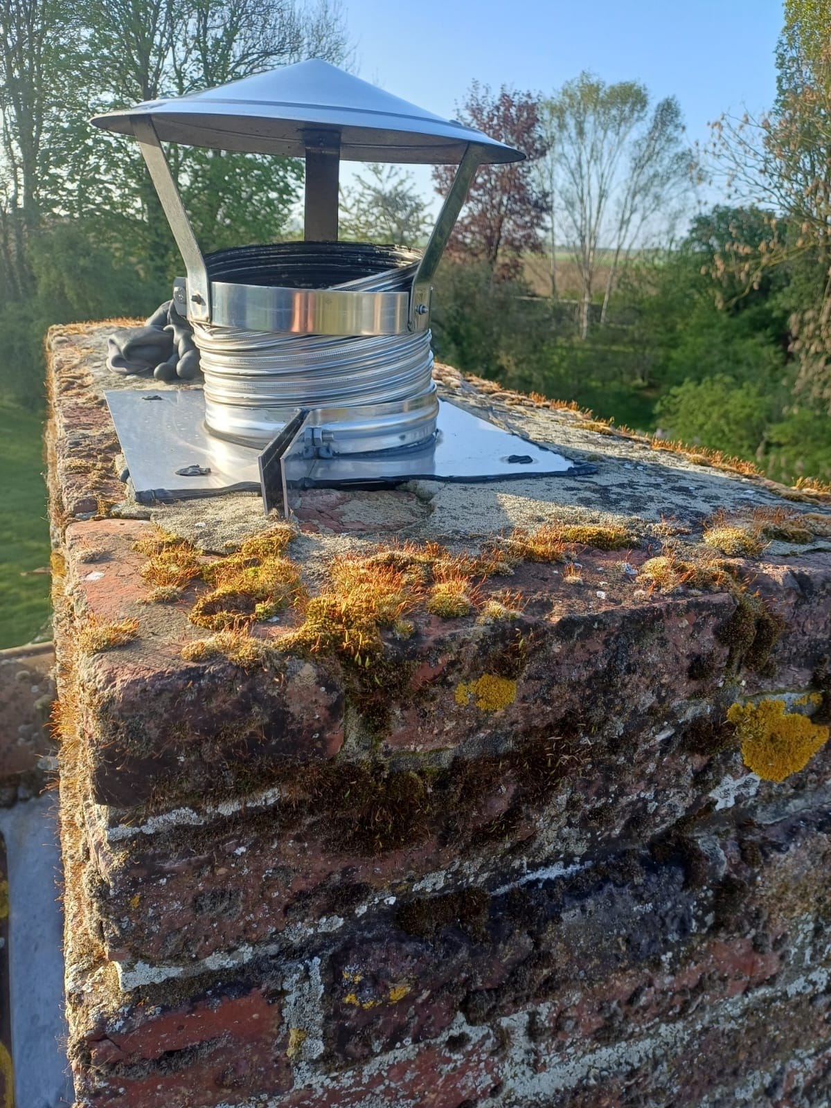 Top of a brick chimney with a metal cap, covered in orange-tinted moss and yellow lichen