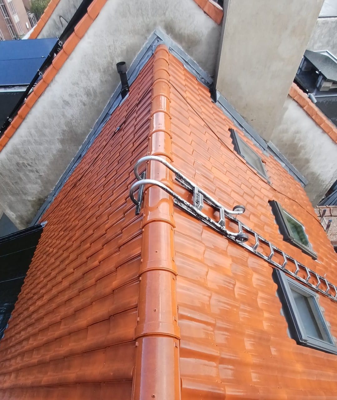 Corner of a roof of wet red tiles seen from above, with a roof ladder and roof windows, in Woluwe-Saint-Pierre
