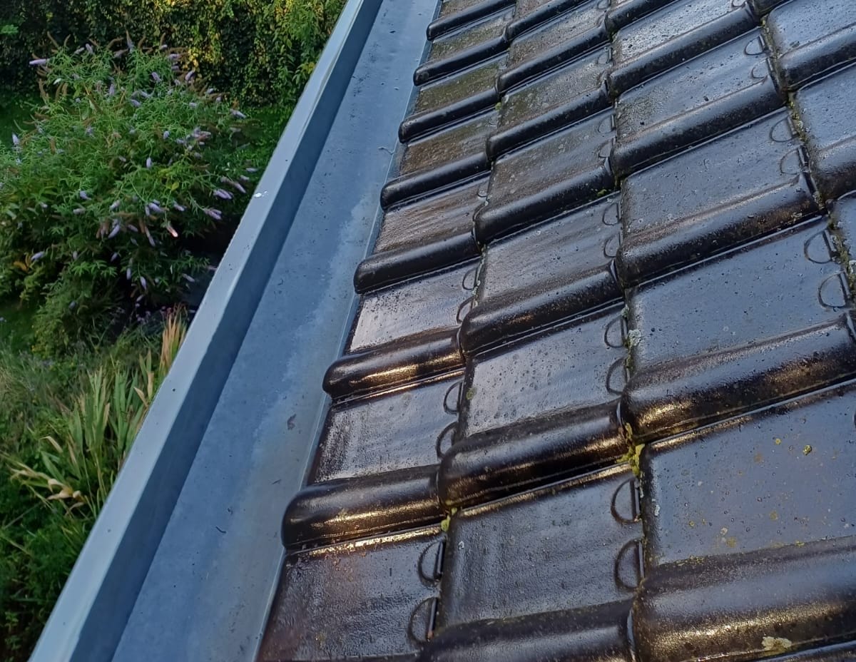Zinc gutter at the foot of a slope of dark tiles, seen from the roof, in Woluwe-Saint-Pierre